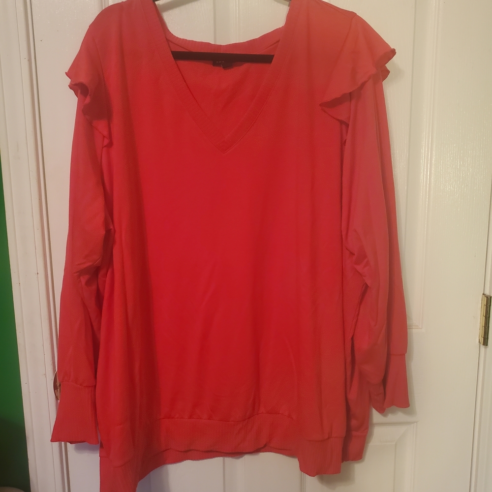 Torrid Bright Orange V-Neck Blouse with Ruffled Shoulder And Long Sleeves